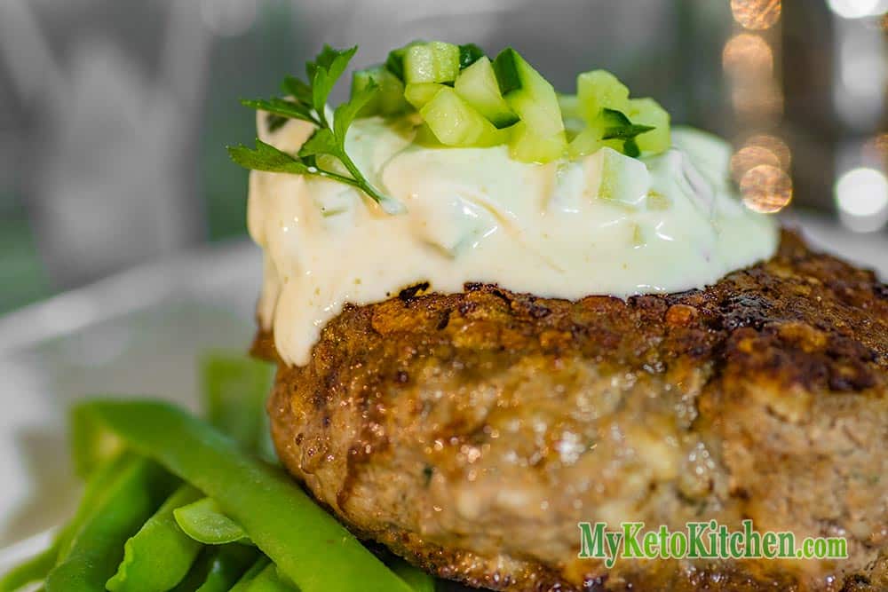 Low Carb Lamb and Halloumi Keto Burgers with cucumber cream Low Carb Lamb and Halloumi Keto Burgers with cucumber cream