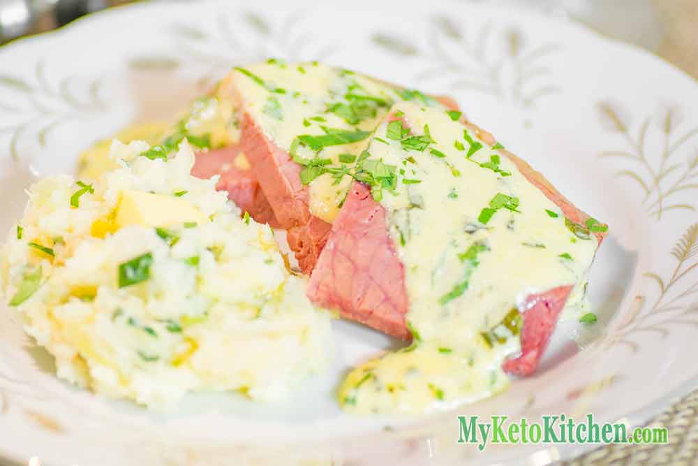 Corned Beef with Low Carb Mustard Sauce and Cauliflower Colcannon
