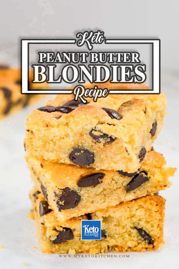 Low Carb Keto Chocolate Chip Peanut Butter Blondies stacked in a pile