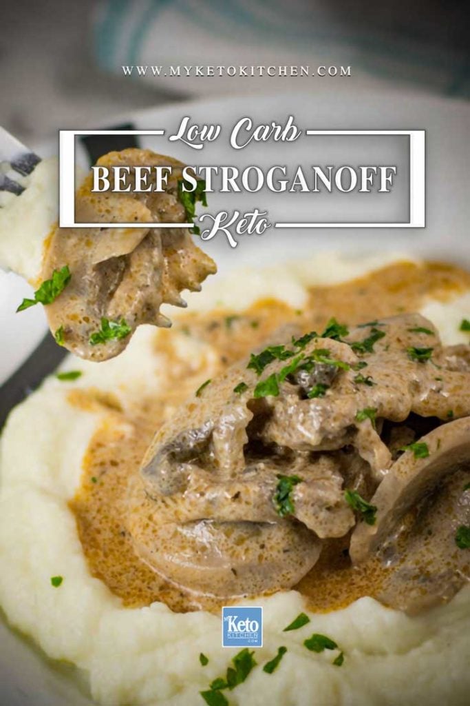 Keto Beef Stroganoff on a plate with cauliflower mash