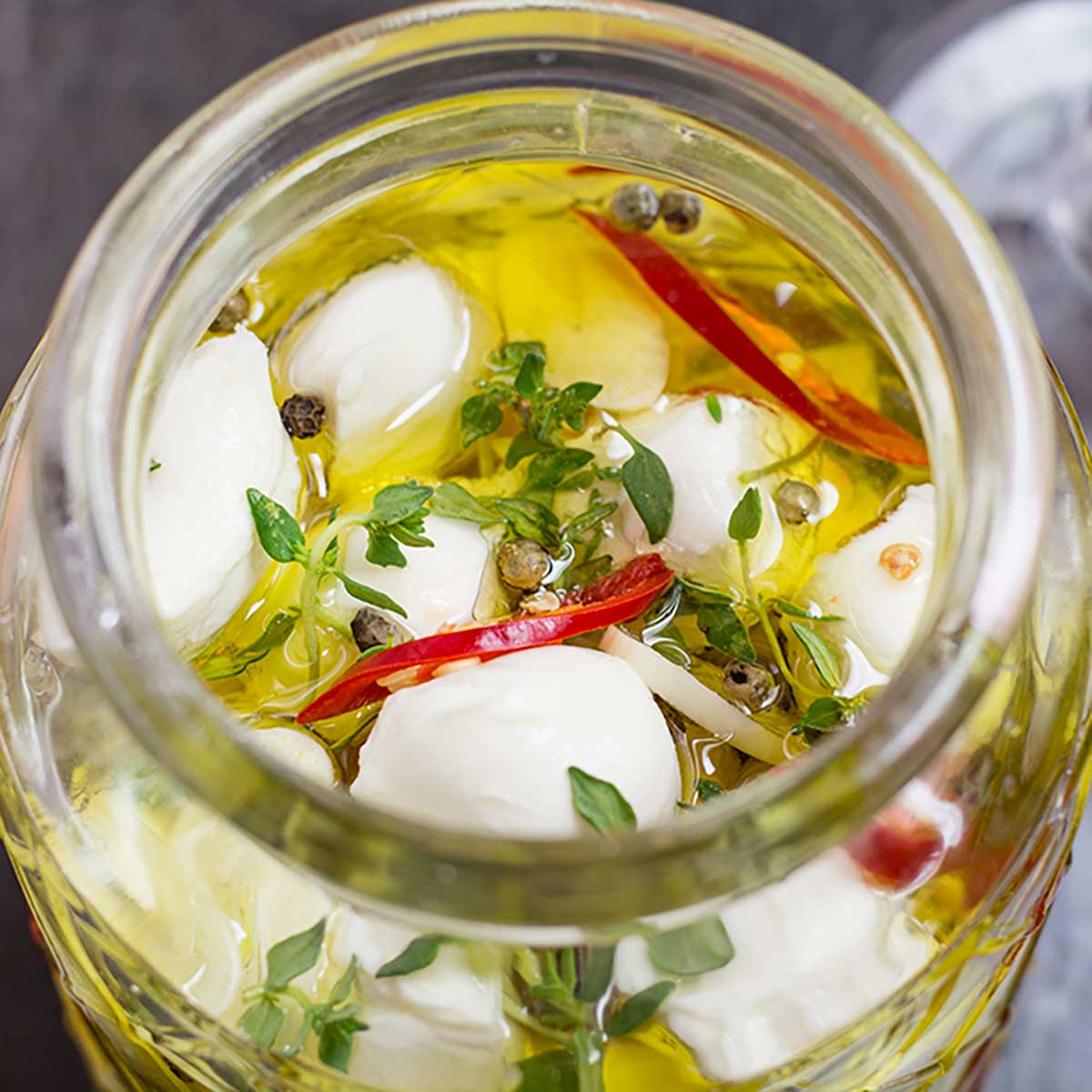 Keto Marinated Bocconcini in a glass jar