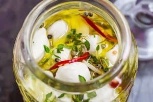 Marinated bocconcini mozzarella balls.