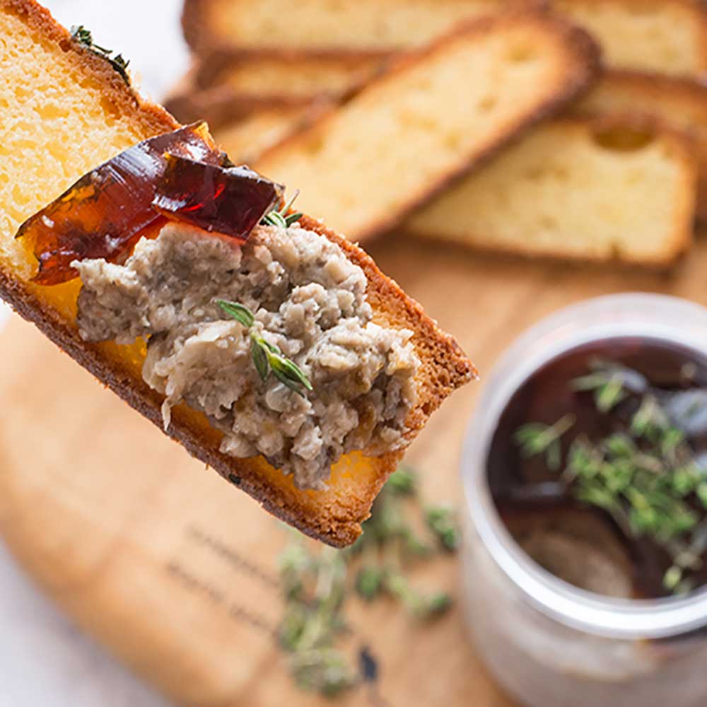 Keto Mushroom Pate on a crispy slice of low carb foccacia bread