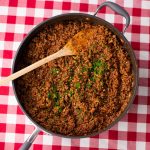 Keto spaghetti meat sauce in a pan.