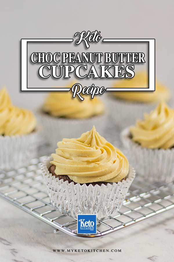 Sugar-Free Chocolate Peanut Butter Cupcakes on a wire cake rack