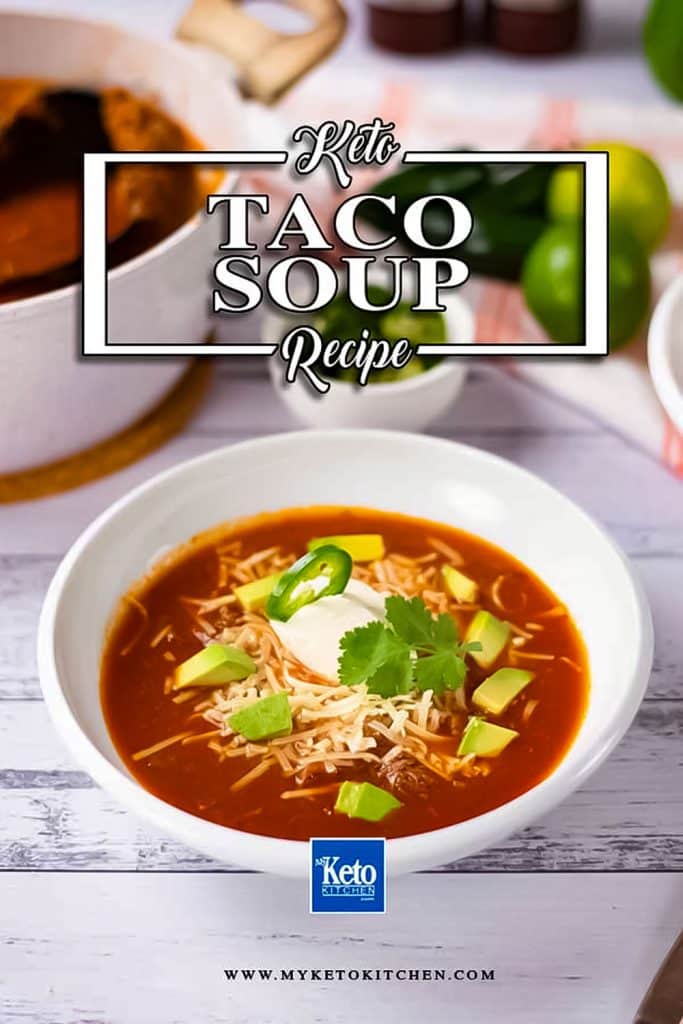 Keto taco soup in a white bowl.