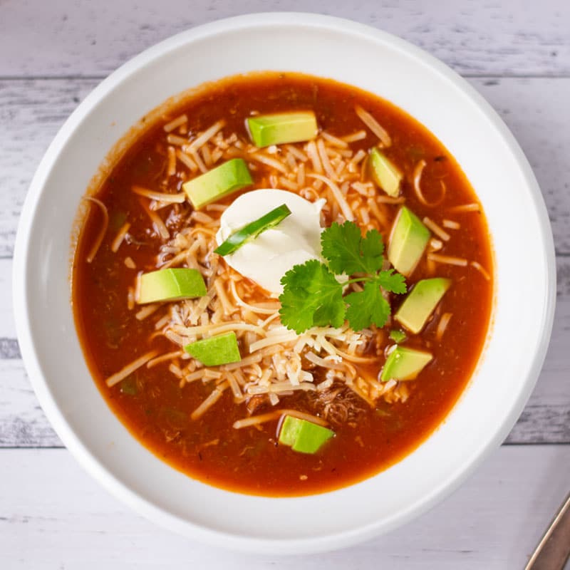 Keto Taco Soup in a white bowl