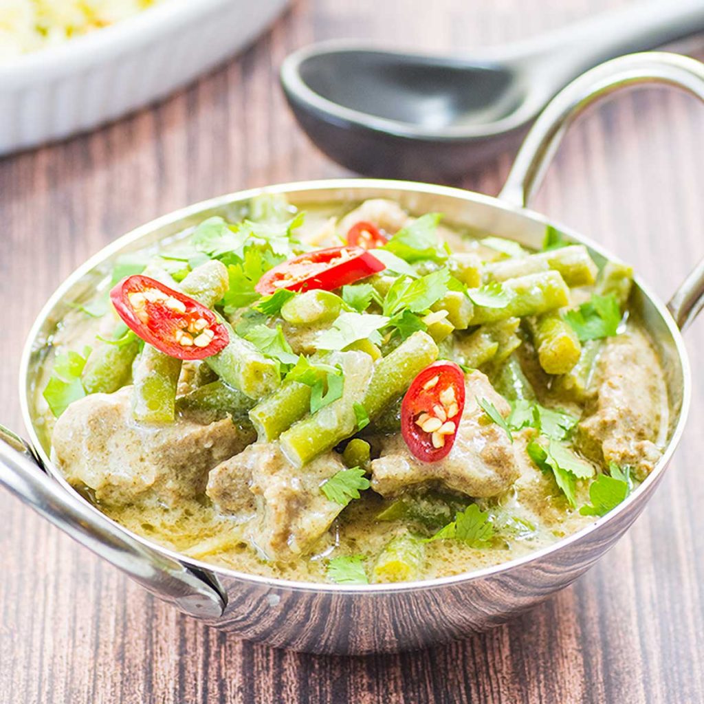 Keto Coconut Pork Curry in a silver bowl