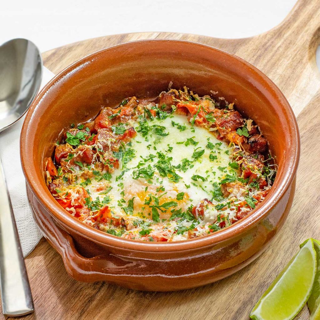 Spanish baked eggs ready to eat.