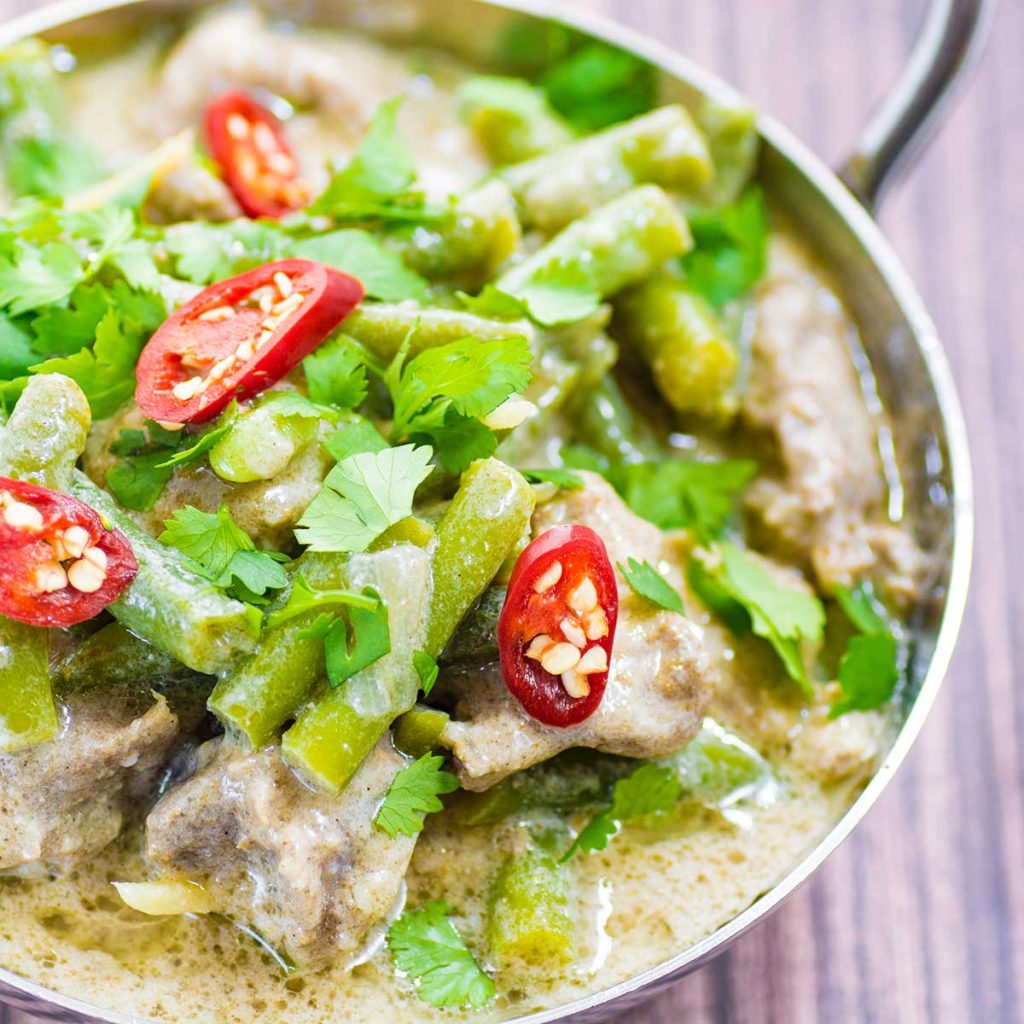 Keto Coconut Pork Curry in a silver bowl