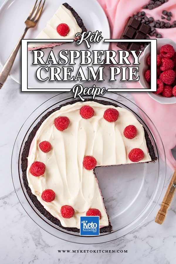 Sugar-Free Raspberry Cream Pie in a glass pie dish with a slice missing