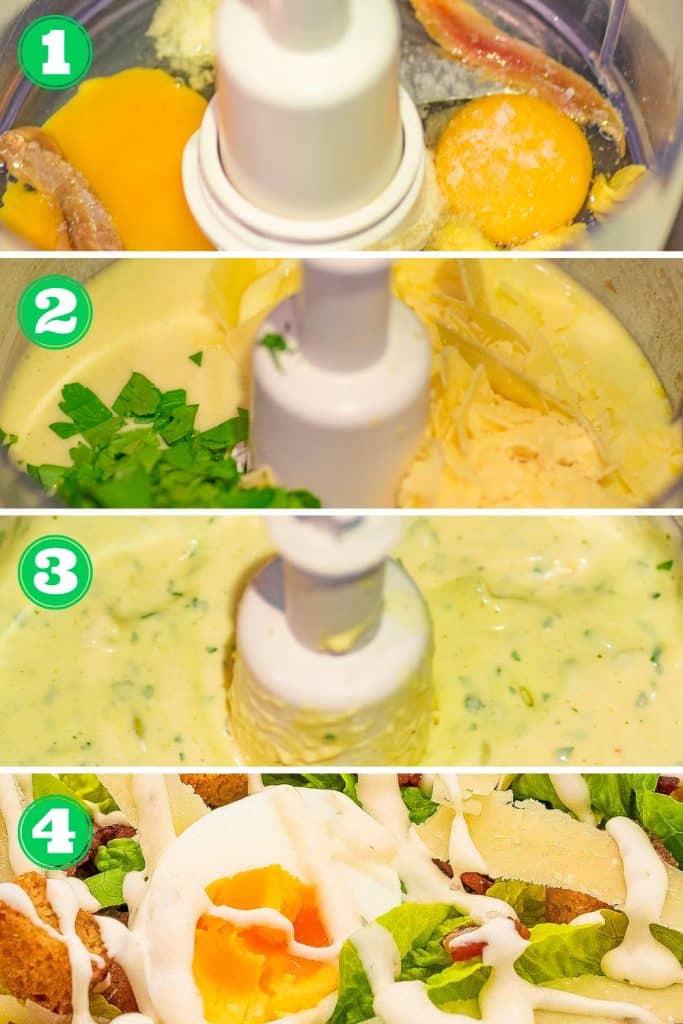 Four images of how to make keto caesar salad dressing.