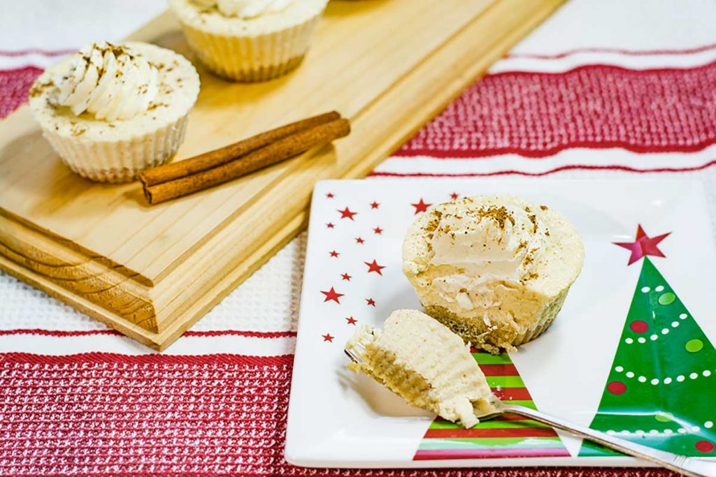 Keto Eggnog Cheesecakes on a Christmas plate