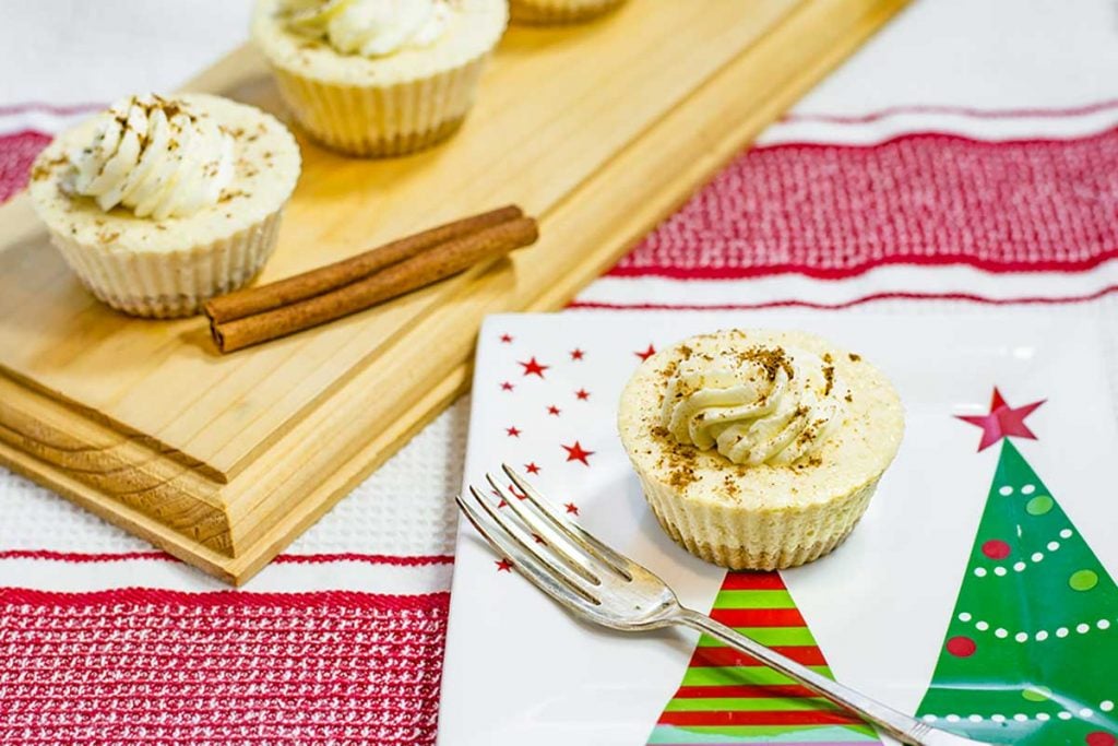 Keto Eggnog Cheesecakes on a Christmas plate