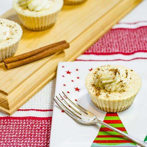 Keto Eggnog Cheesecakes on a Christmas plate