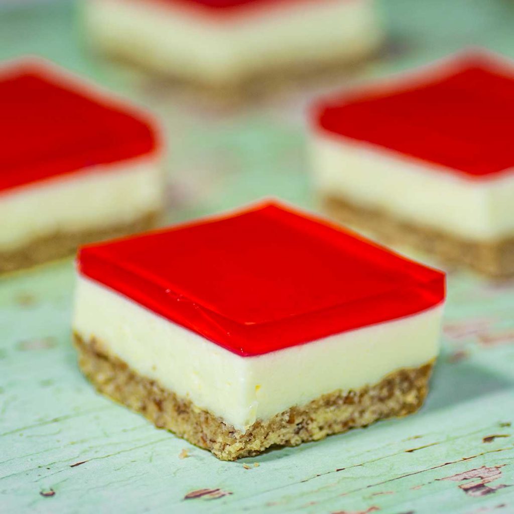 Keto jello slices on a table top.