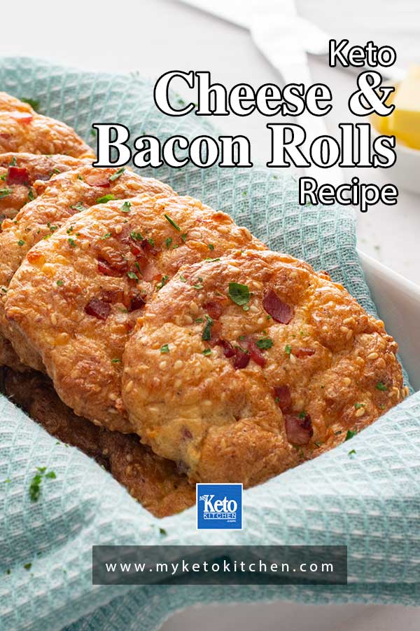 Keto Cheese and Bacon Rolls in a basket with a blue cloth