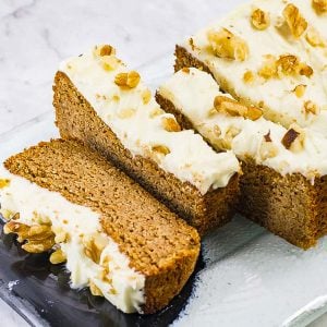 Keto gingerbread cake sliced on baking paper.