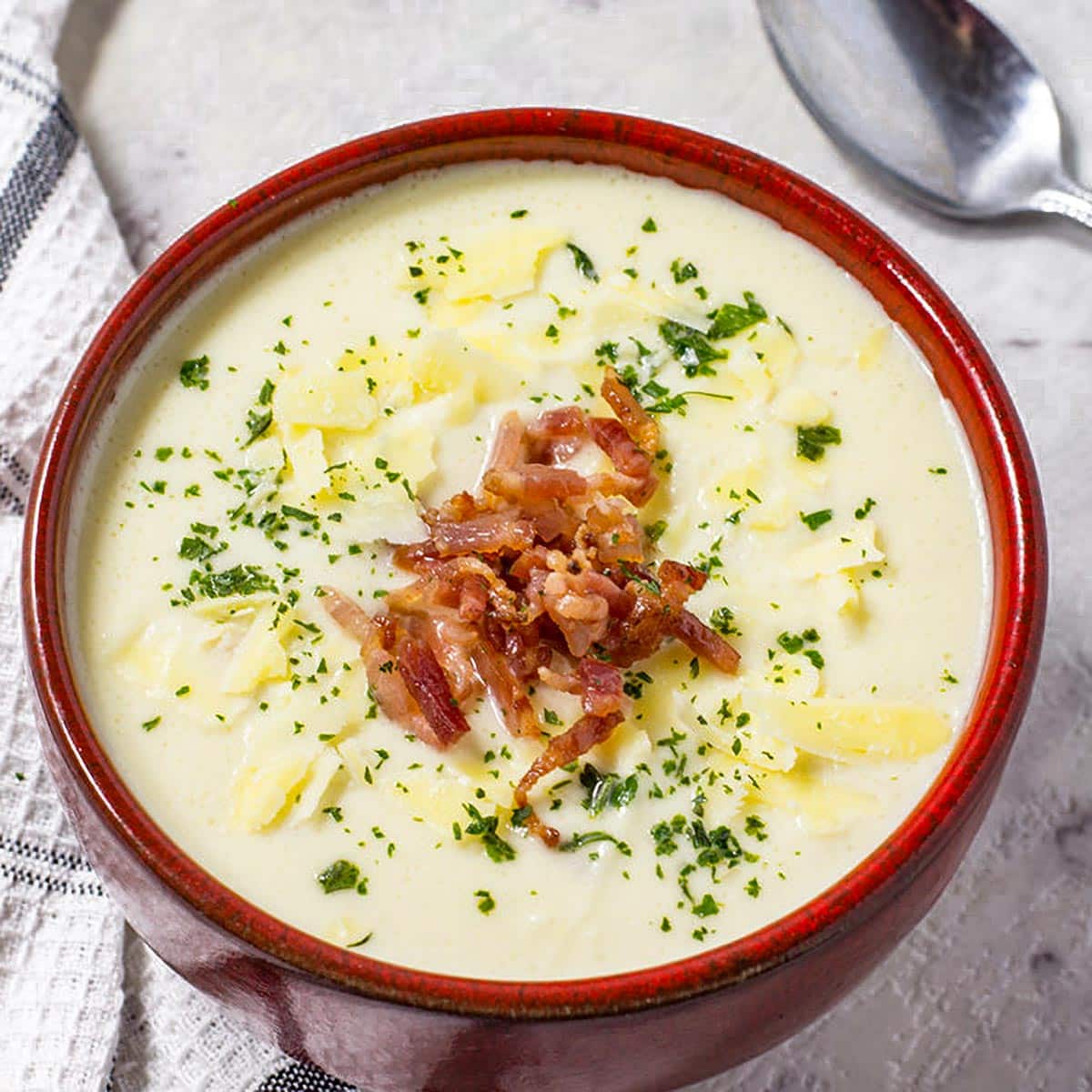Keto Cheese and Bacon Cauliflower Soup.