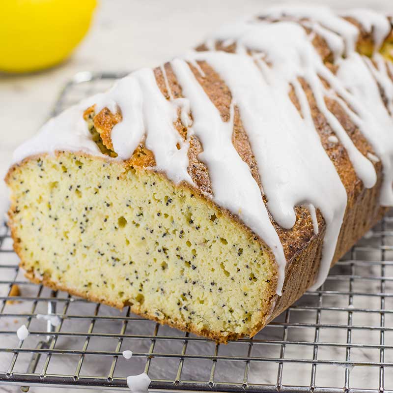 Keto Lemon Poppyseed Loaf on a cooling rack