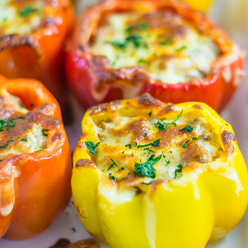 Stuffed peppers on a tray.