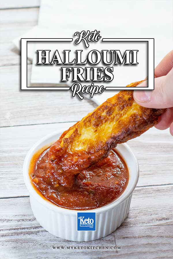 Keto Halloumi Fries dipped in Keto Marinara Sauce