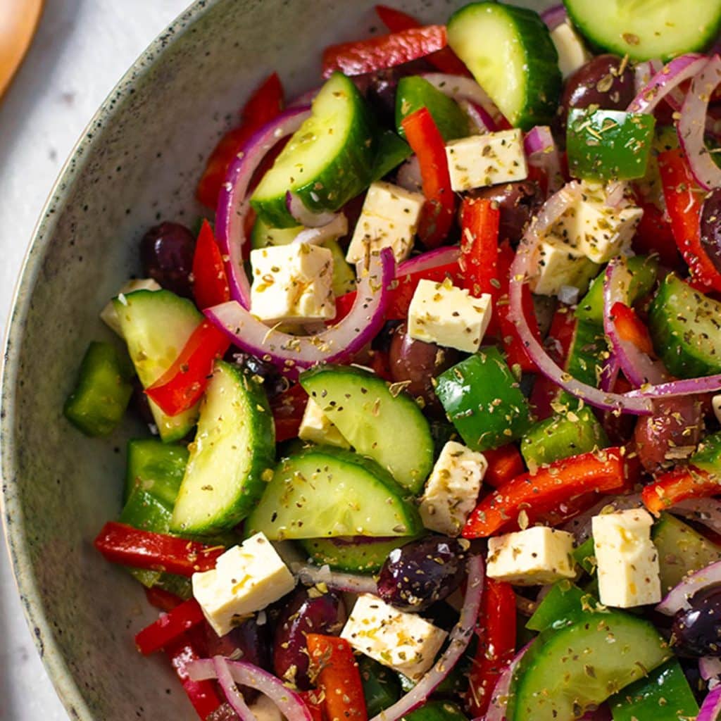 Keto Greek salad in a salad bowl.