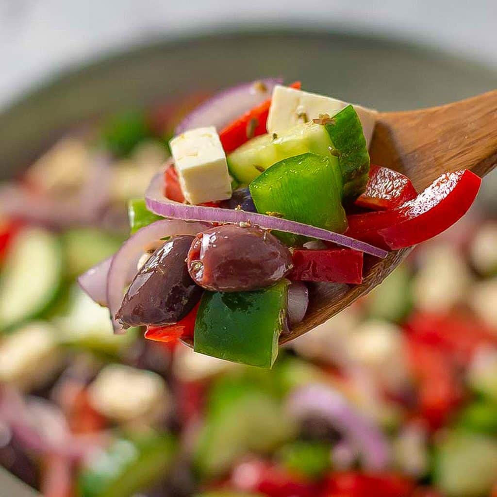 A spoonful of keto Greek salad.