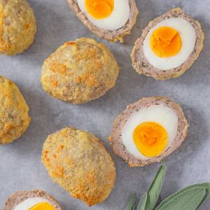 Keto Scotch Eggs - delicious sausage wrapped egg recipe