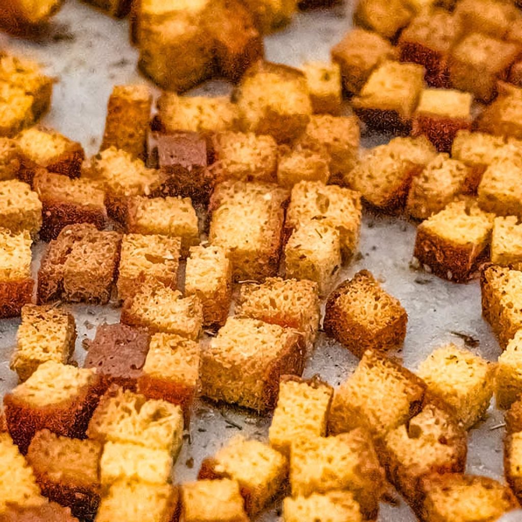 Keto croutons on baking paper.