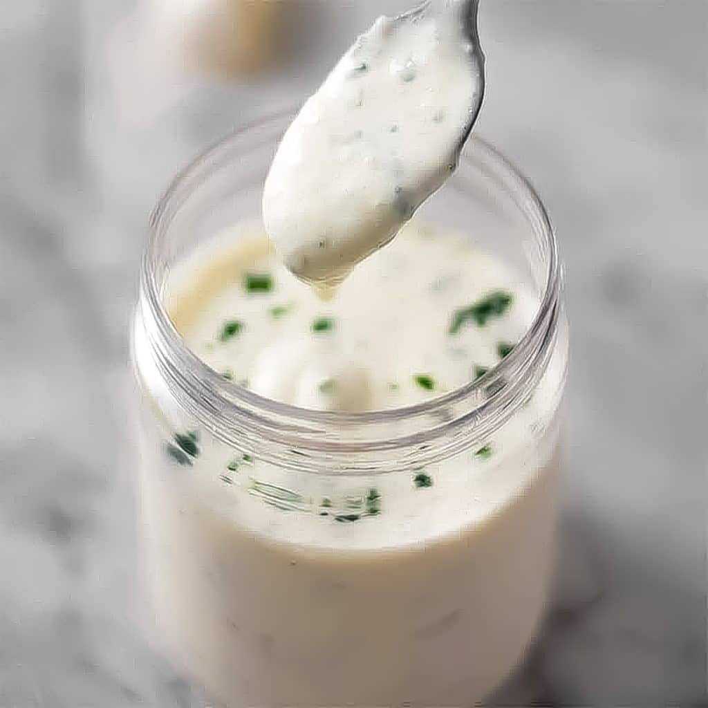 Keto garlic sauce in a mason jar.