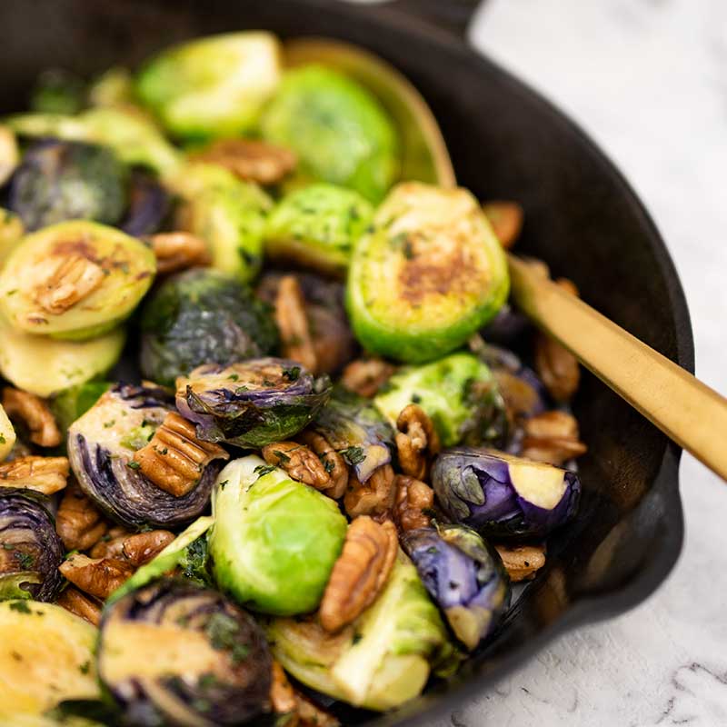 Keto Maple Pecan Brussels Sprouts - easy side dish recipe