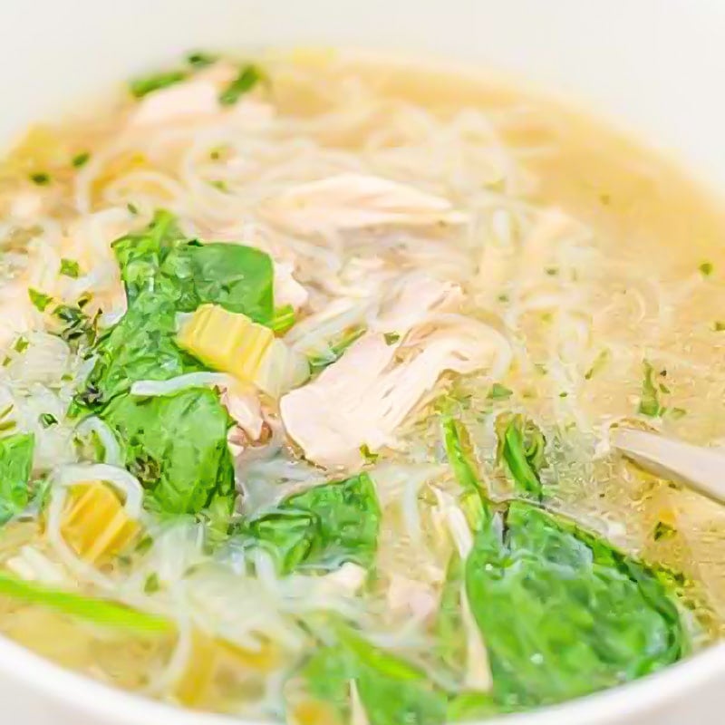 Keto chicken noodle soup in a bowl.