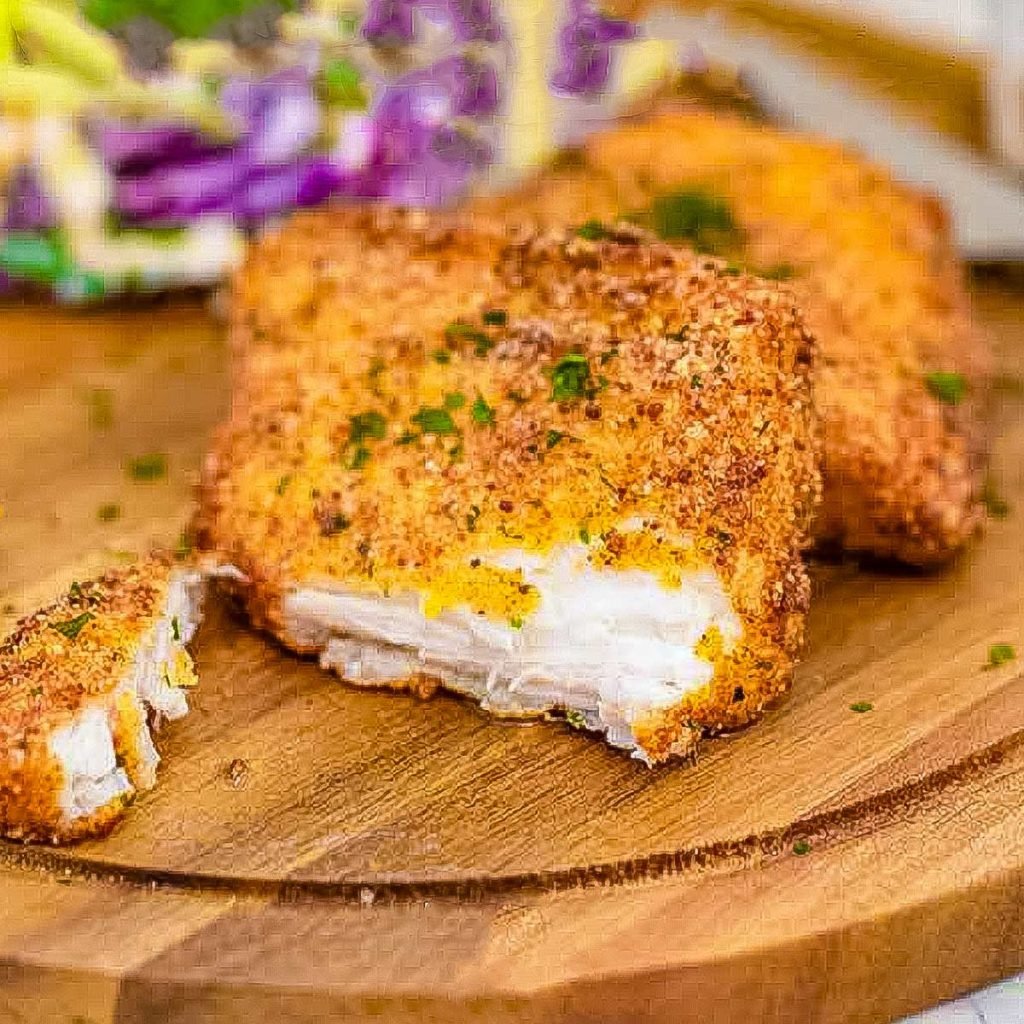 Fried fish with a keto breading on a serving board.