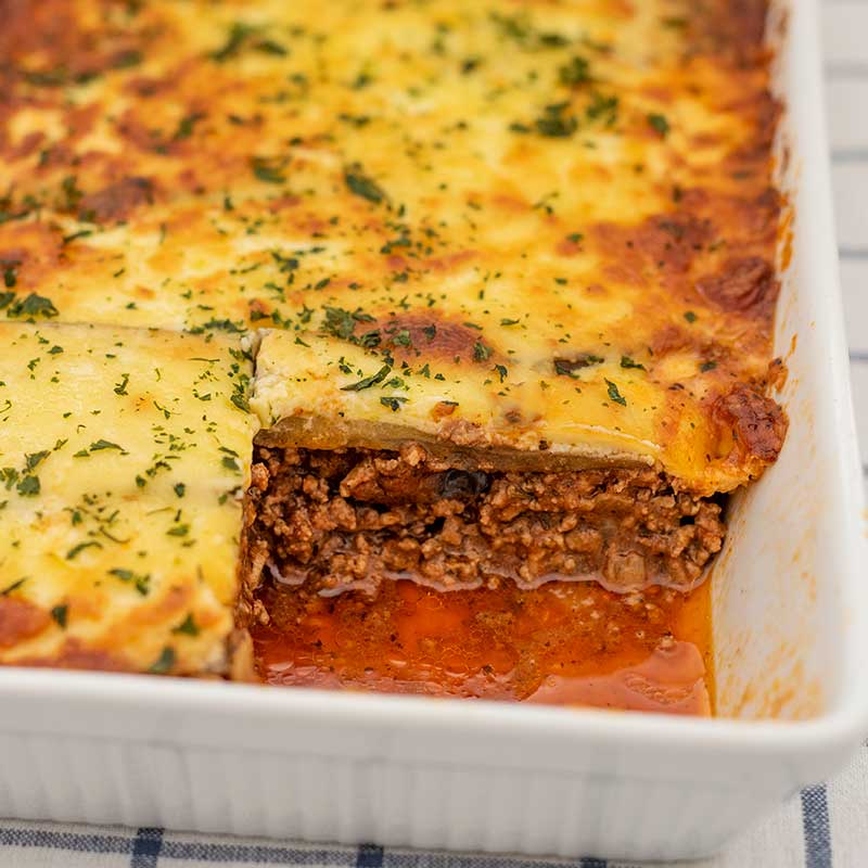 Image of the cooked Keto Moussaka with a serving removed