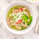 Keto Thai green chicken curry in a white bowl.