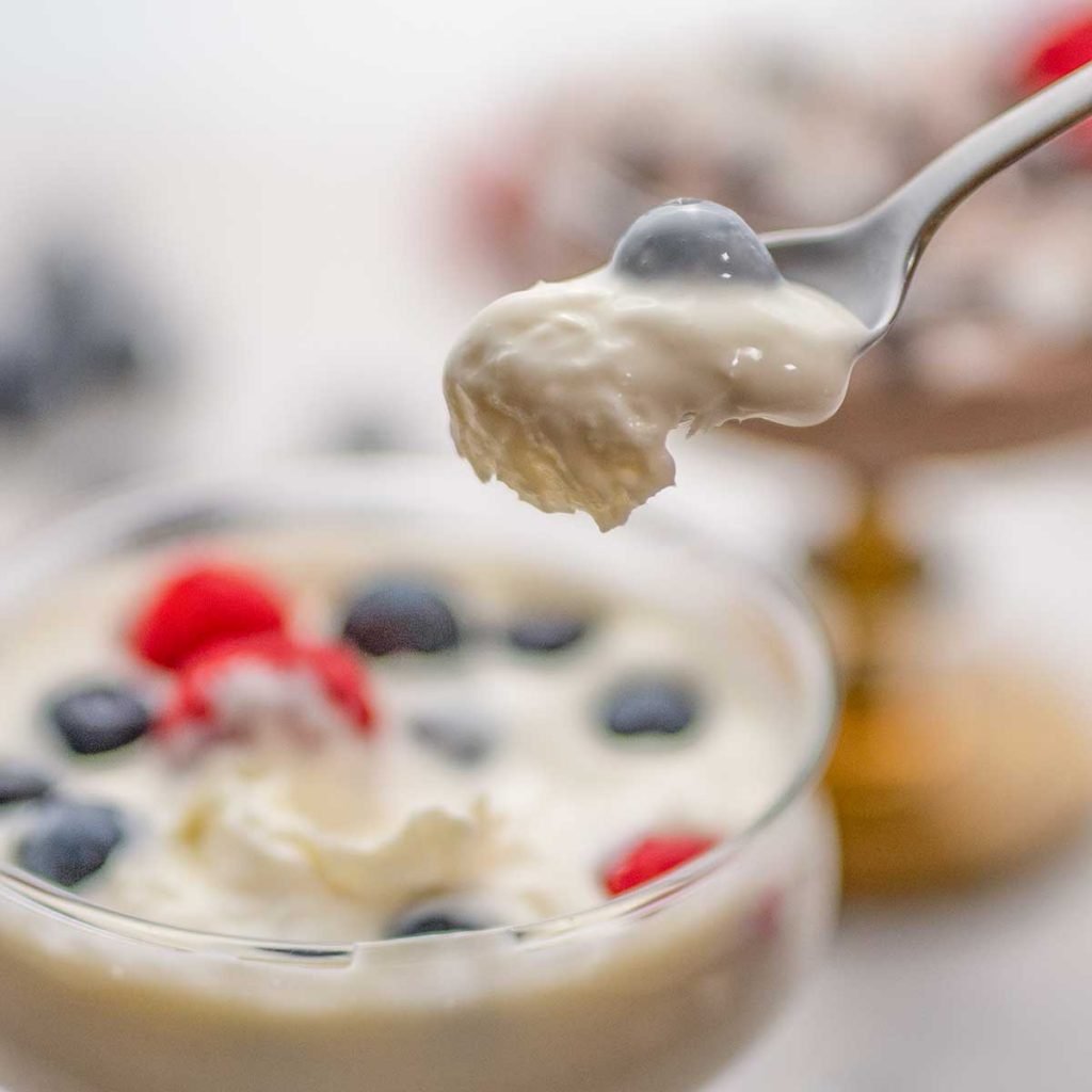 Spoonful of keto vanilla frozen yogurt being lifted out of a glass