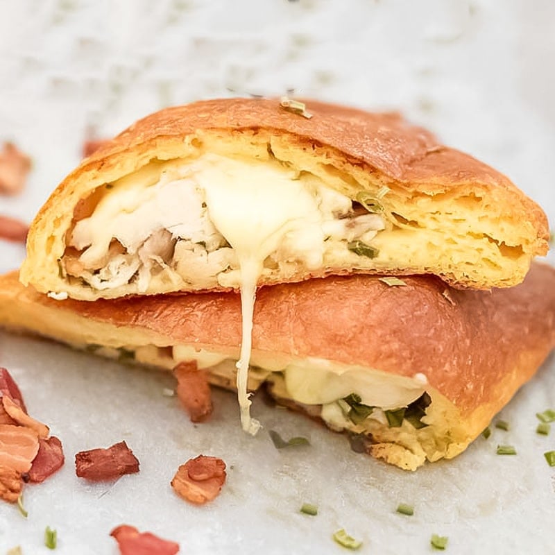 Keto chicken calzone cut in half.