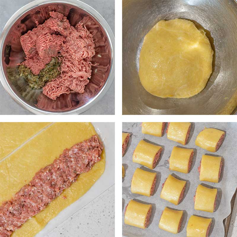 Image shows the steps of making a keto sausage rolls. It include the meat mixture in a bowl, the dough in a bowl, the meat mixture on the rolled dough, and the raw keto sausage rolls