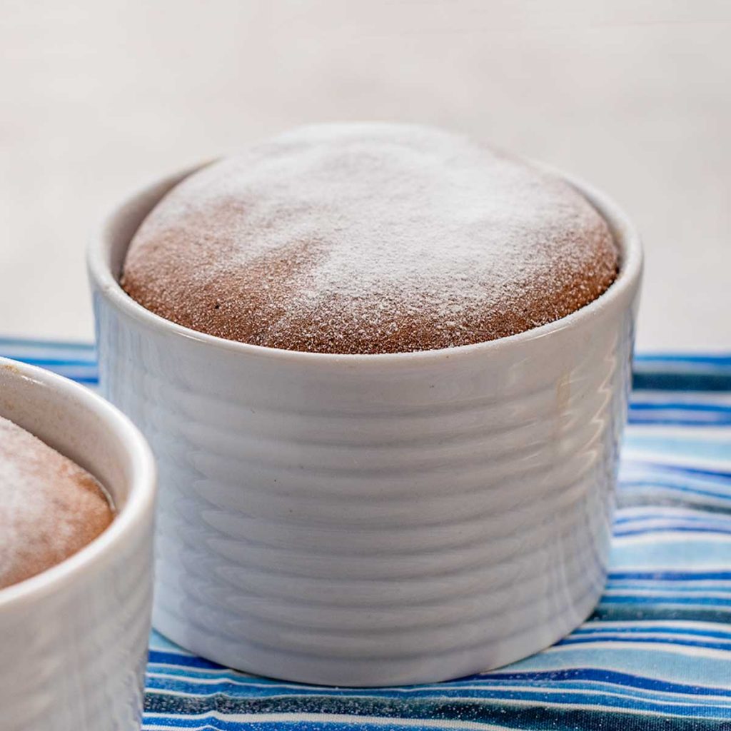 Keto Chocolate Souffle on a striped blue napkin