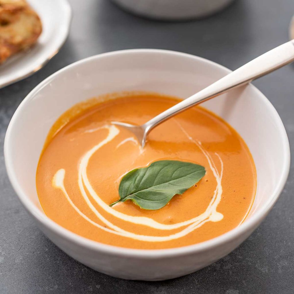 Keto Creamy Tomato Soup in a white bowl with a spoon in it on a dark grey table
