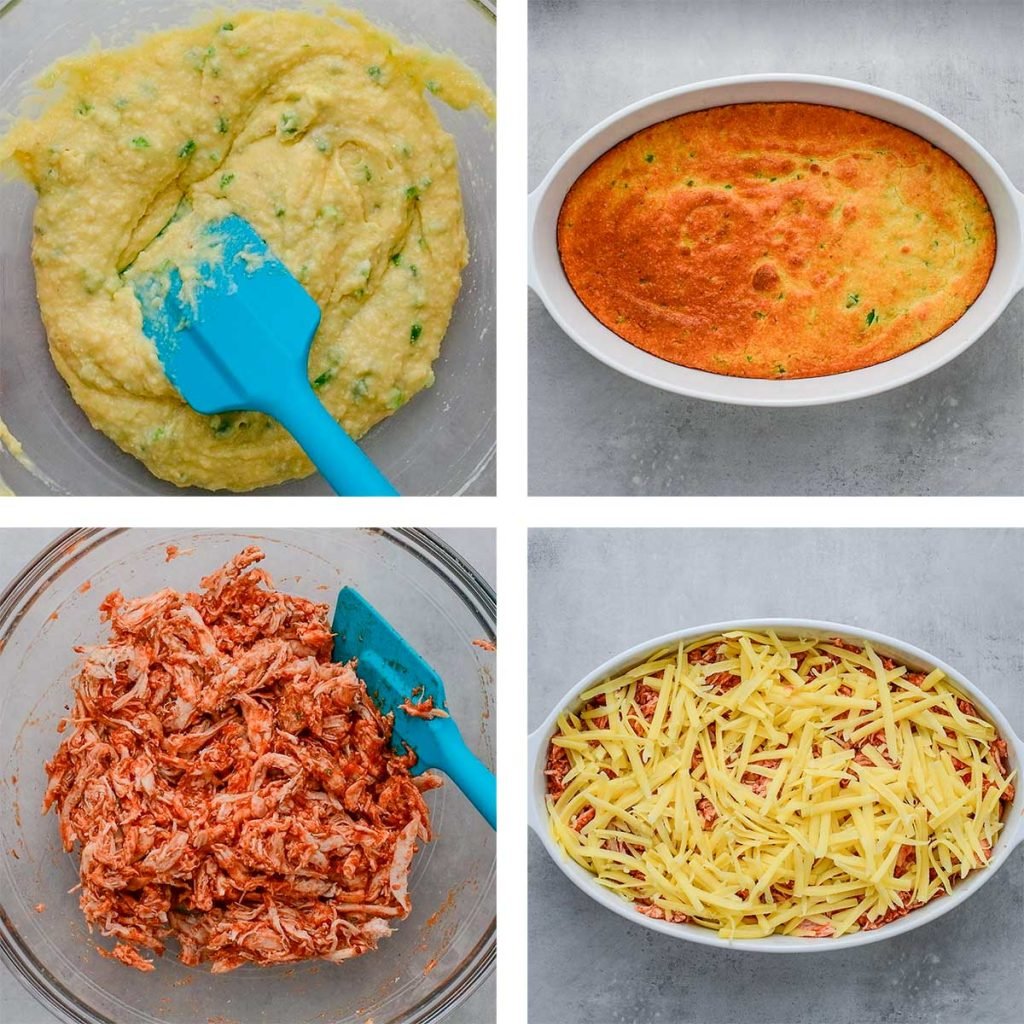4 images showing the process steps for making Keto Chicken Tamale Pie
