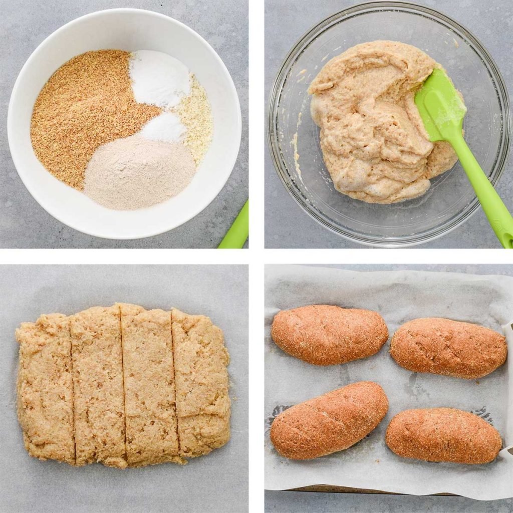 A collage of images showing the steps to make keto sub rolls