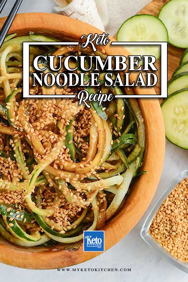 Keto Cucumber Noodle Salad in a wooden bowl