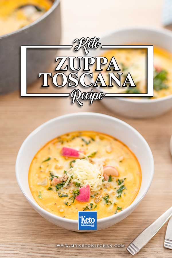 Keto Zuppa Toscana Soup in a white bowl on a wooden table