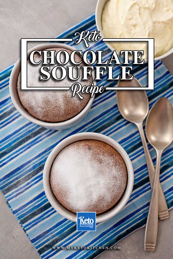 Keto Sugar-Free Chocolate Souffle on a striped blue napkin with 2 silver spoons