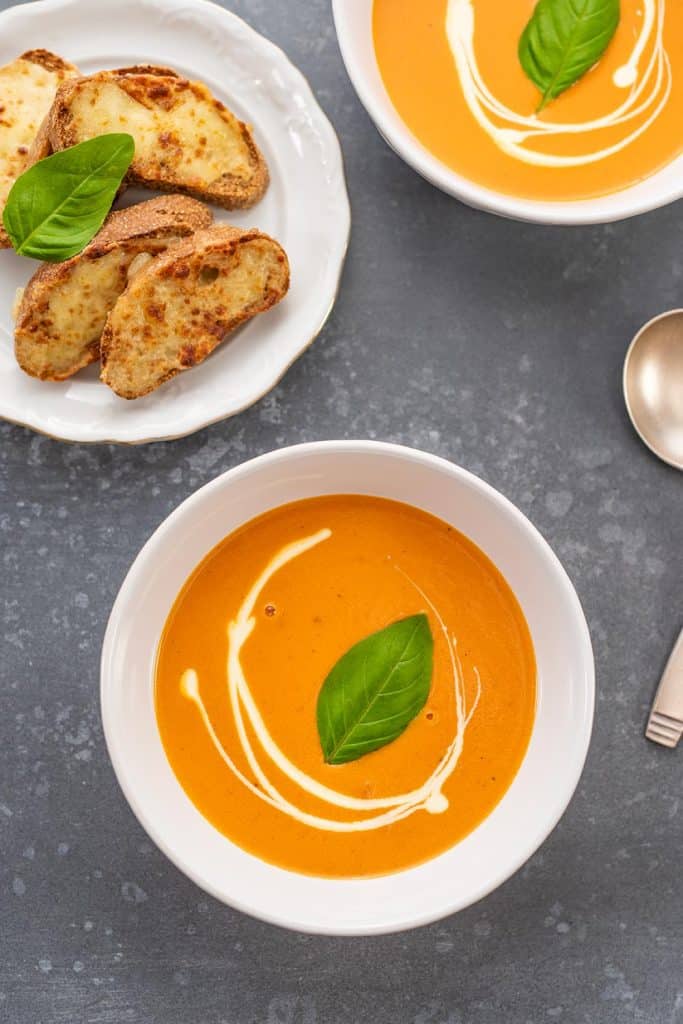 Keto tomato soup in a bowl.