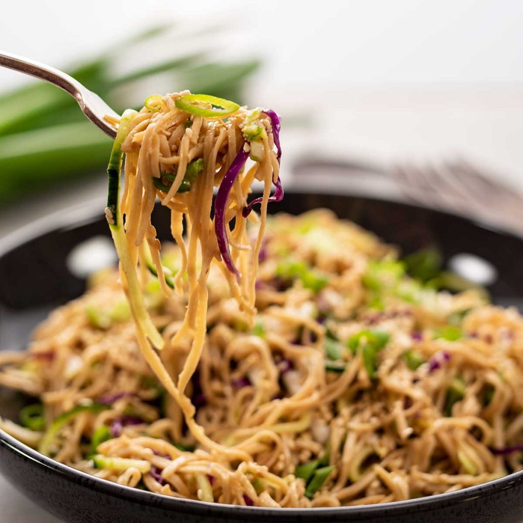 Keto Asian noodle salad on a fork from a bowl.