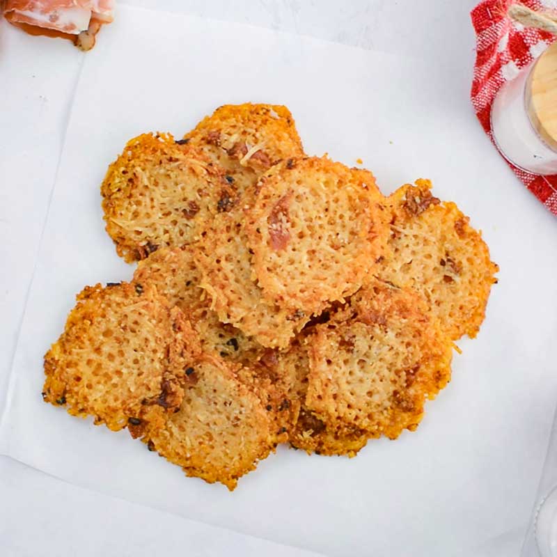 Keto Bacon Parmesan Chips on a white table