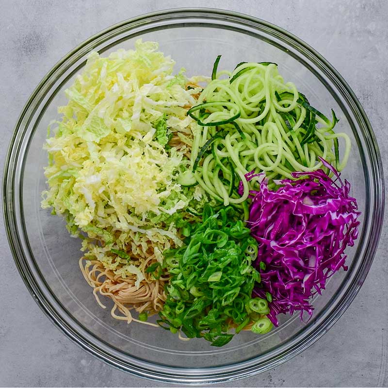 Keto Asian Noodle Salad Ingredients in a mixing bowl